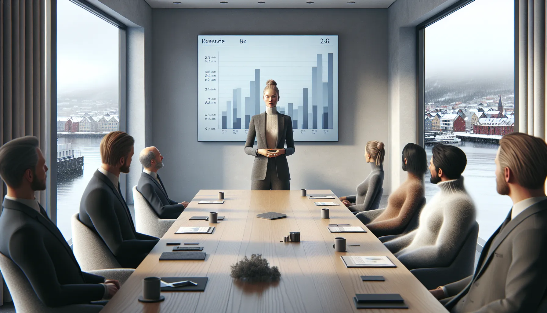 Norwegian woman presenting financial data as colleagues’ attention shifts to men.