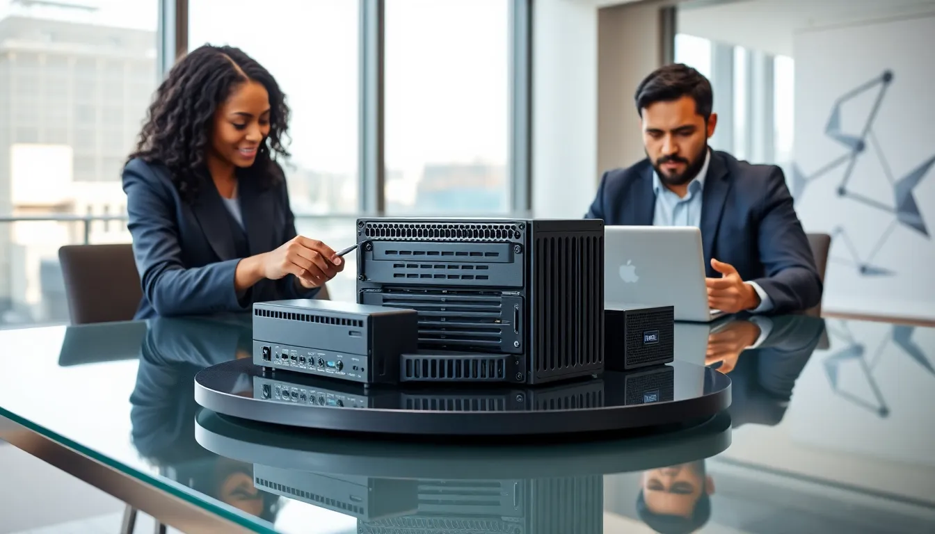 diverse IT team reviewing hardware solutions in a modern office.