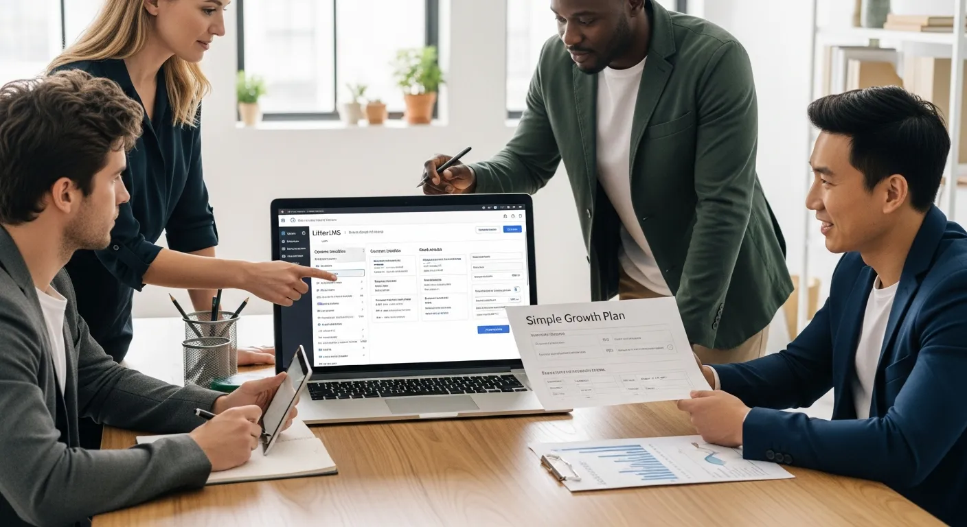 Small business team reviewing a WordPress LifterLMS course setup on a laptop.