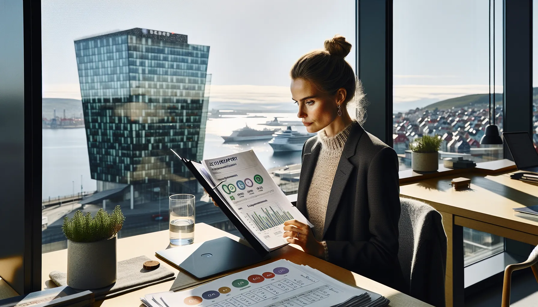 Hva er bærekraftig finans, og hvordan kan du bidra? 2 Norwegian analyst reviews esg dashboard with scope 1–3 targets in oslo office.