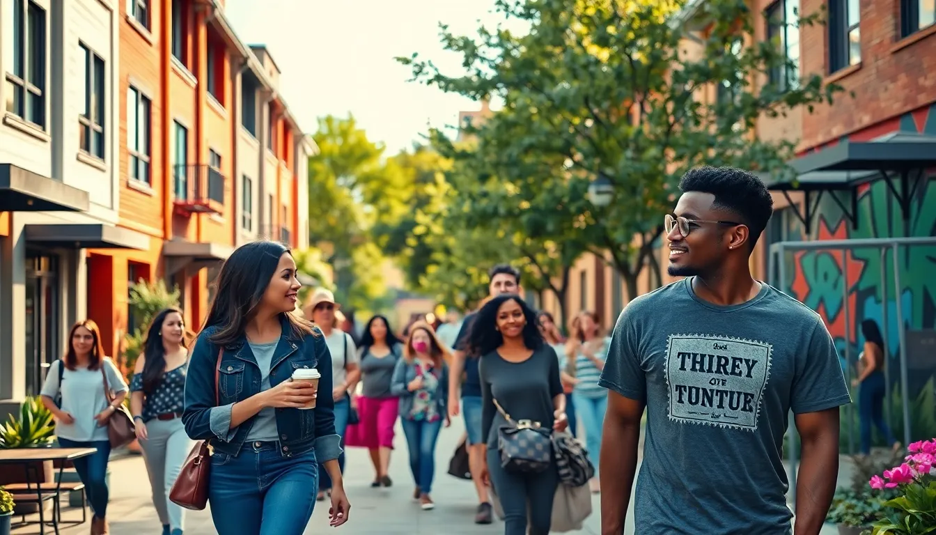 a diverse group enjoying a vibrant community in Austin's East Side neighborhood.