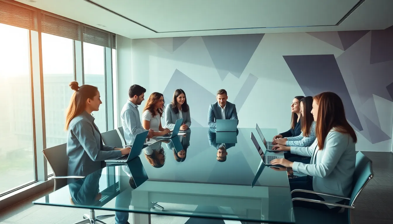 diverse professionals collaborating in a modern tech workspace.