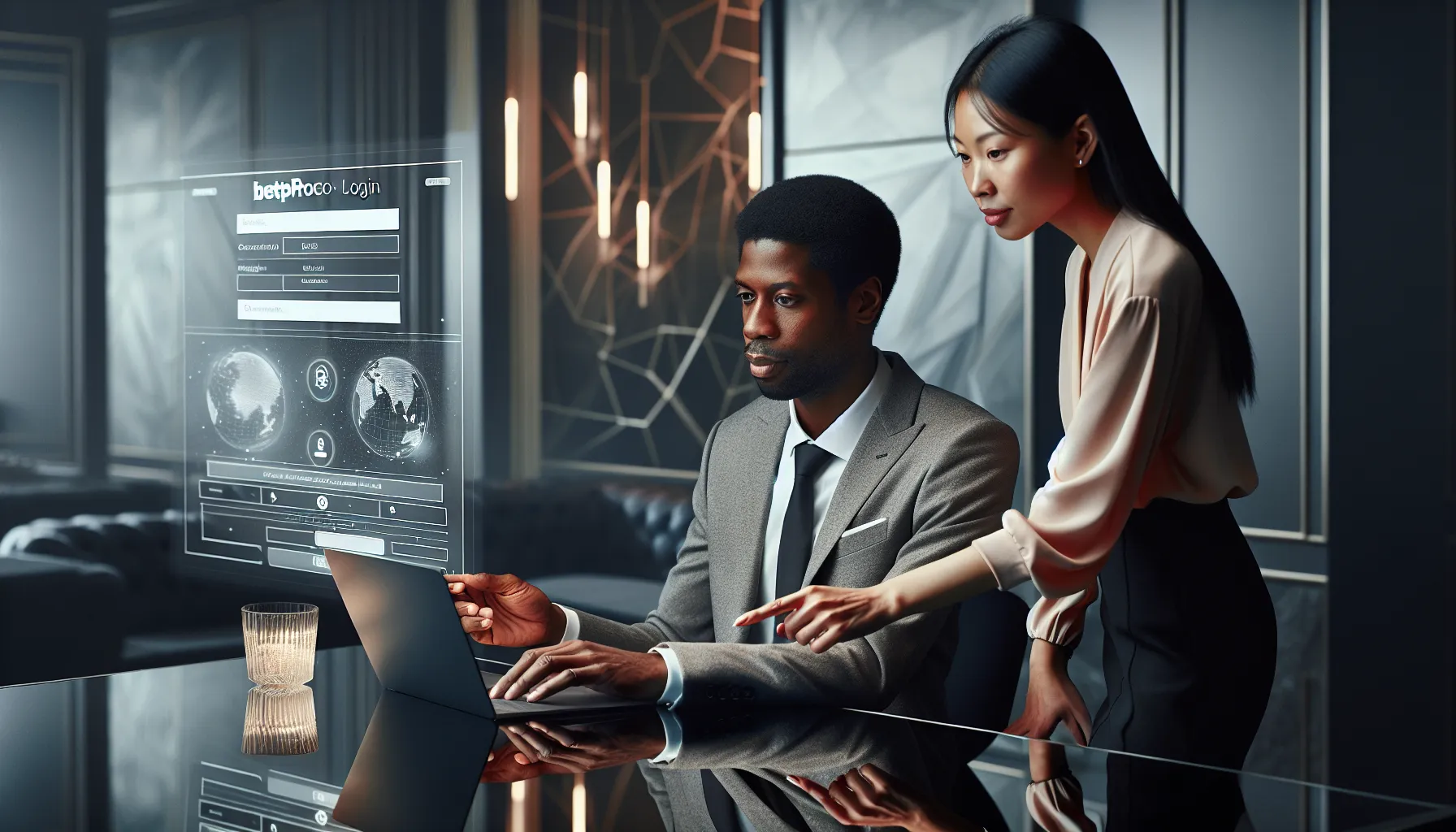 diverse professionals logging into Betproexch in a modern office.