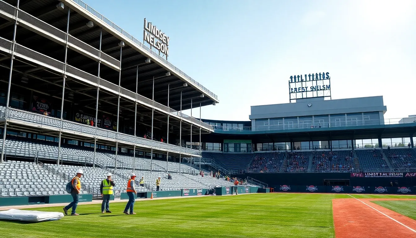 Lindsey Nelson Stadium undergoing modern renovations with construction workers.