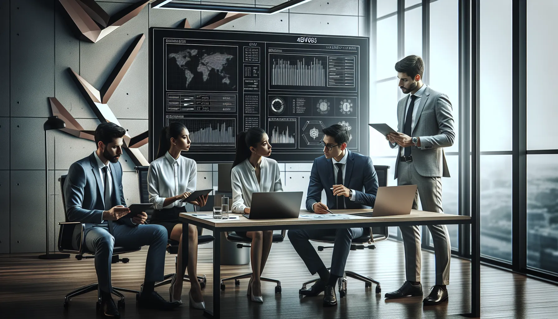 diverse team analyzing 4bv085 specifications in a modern office.