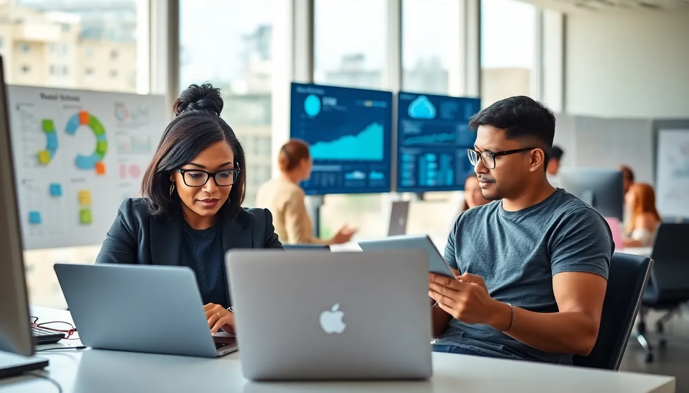 a diverse team working collaboratively in a modern tech office.