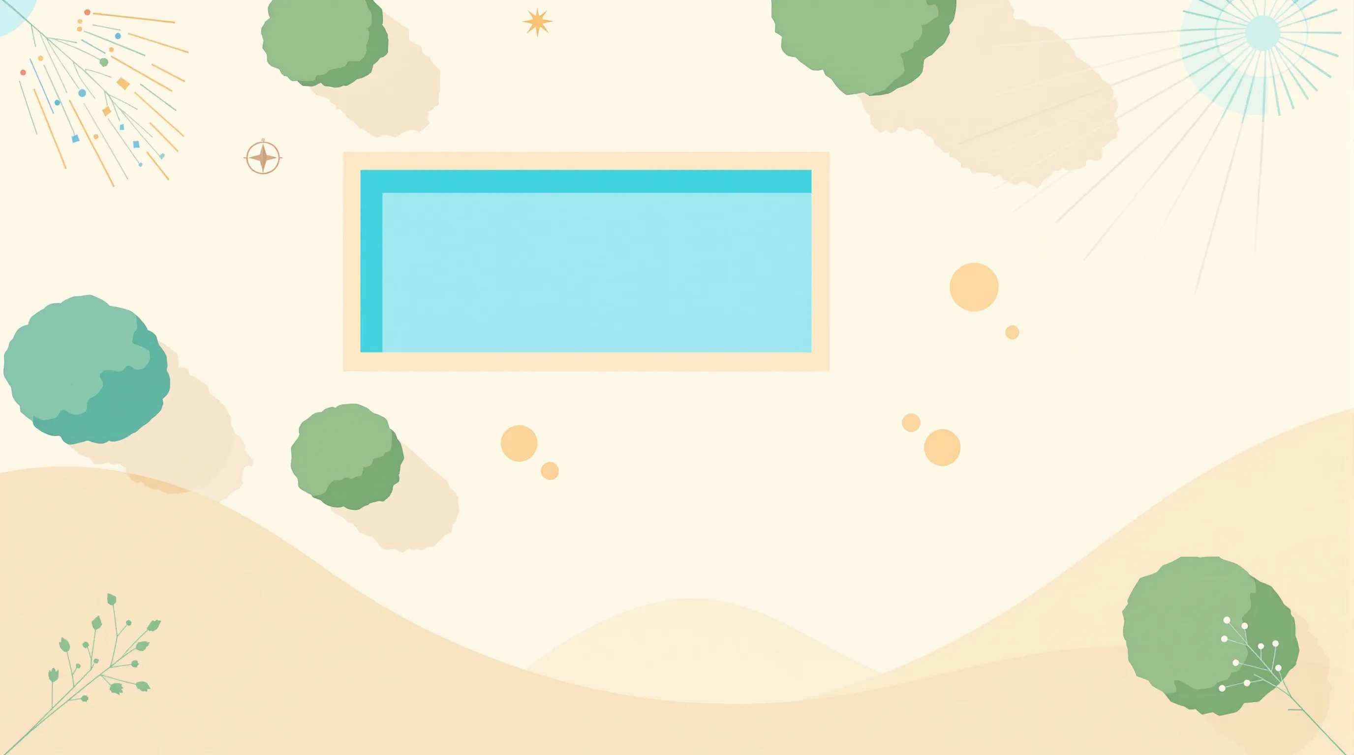 Minimalist top view of a pool with sun orientation and landscape elements.