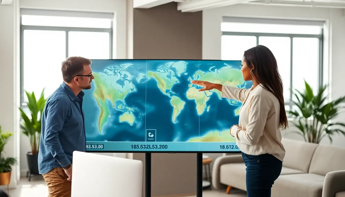 diverse team analyzing map coordinates in a modern office.