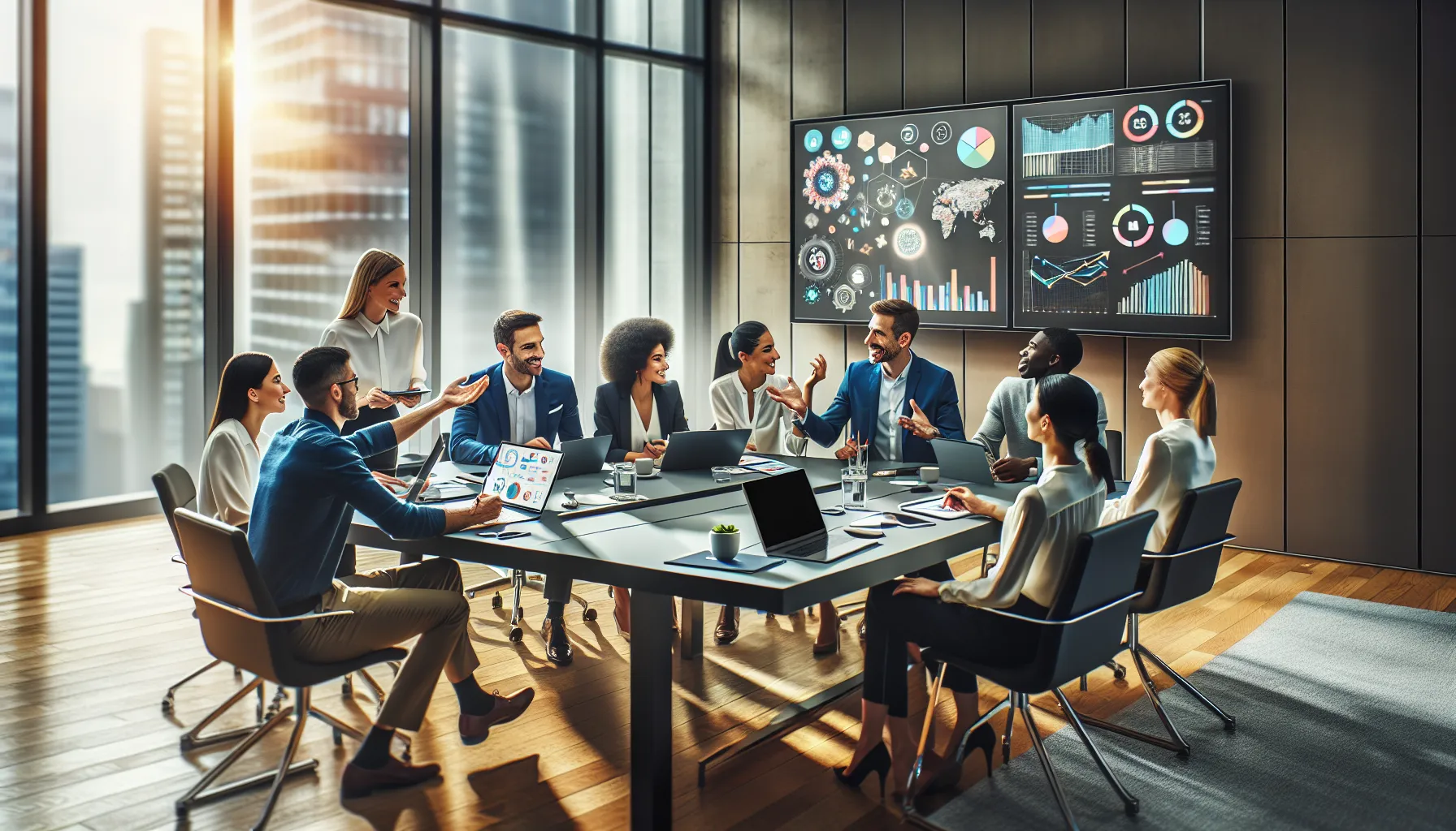 diverse group collaborating in a modern conference setting.