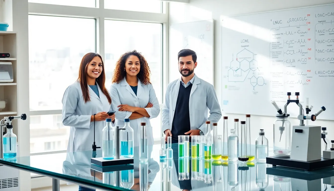 scientists studying glutaminotransferase in a modern laboratory.