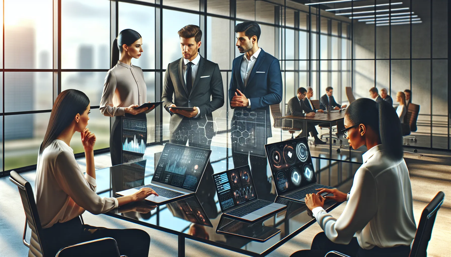 diverse team discussing data technology in a modern office.