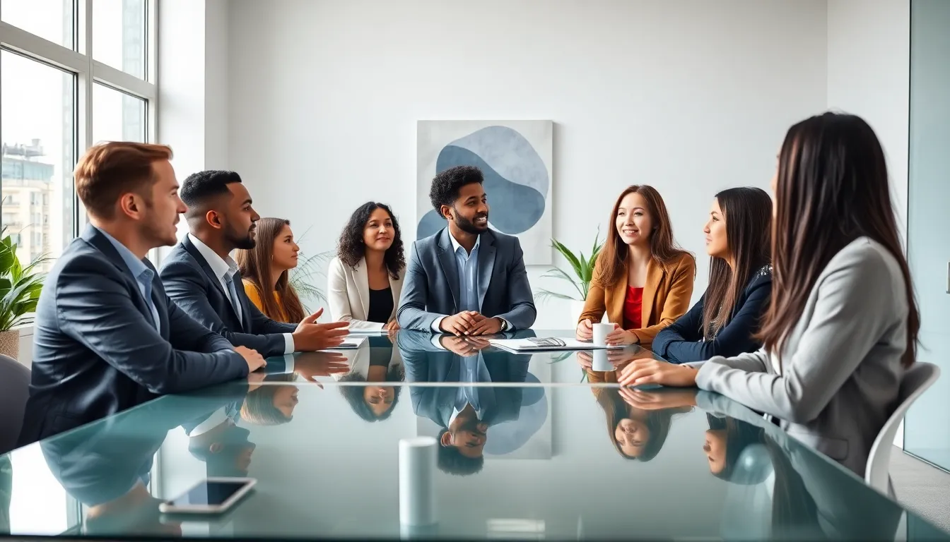 diverse professionals discussing in a modern office.