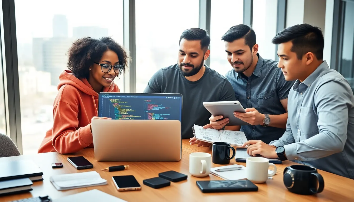 three developers collaborating on Redwebzine Java in a modern office