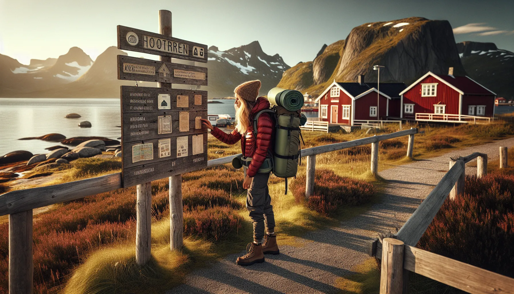 Regler for camping og friluftsliv på offentlig grunn i norge 3 Hiker reads norwegian camping rule signs by a fjord; motorhome parked legally.