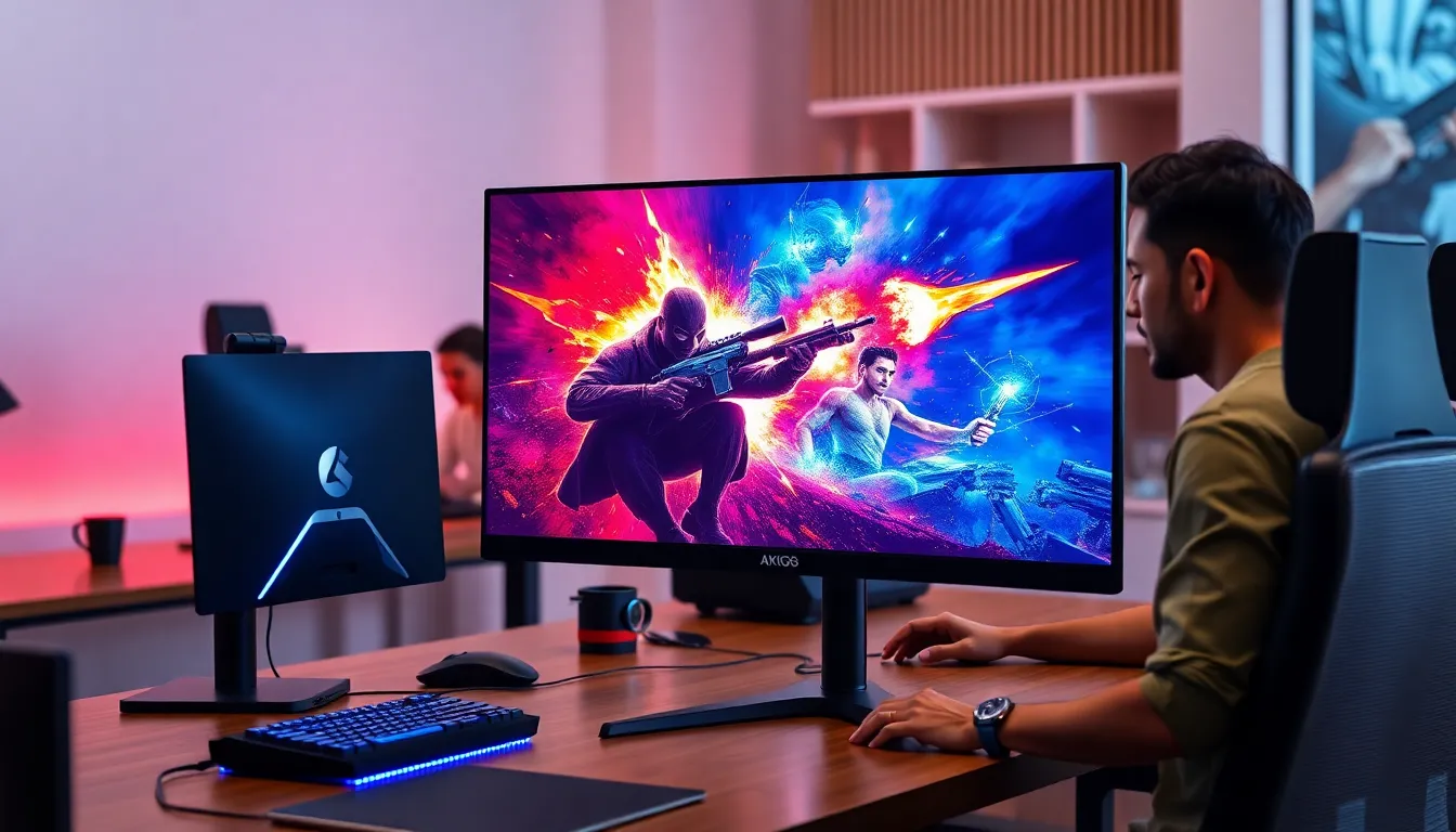 diverse gamers focused on a vibrant OLED 4K gaming monitor.