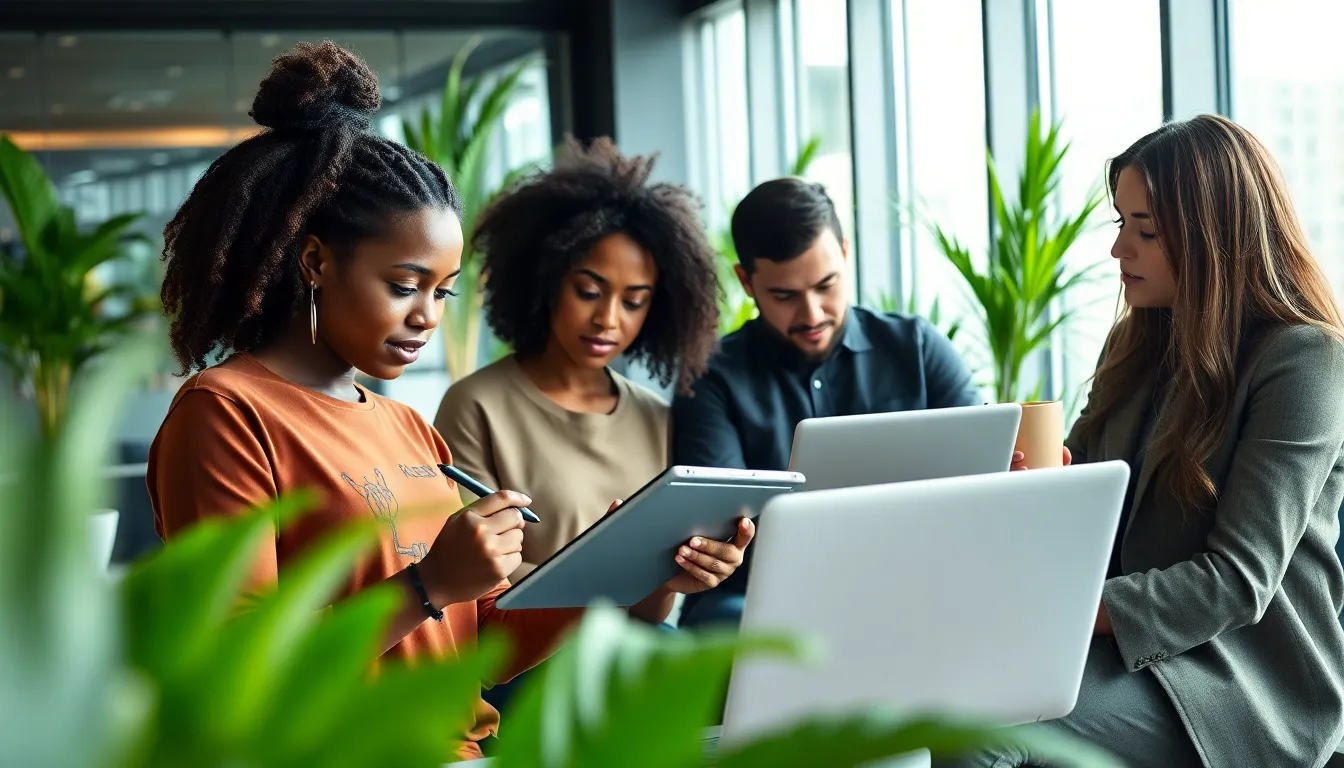 diverse team collaborating in a modern office environment.