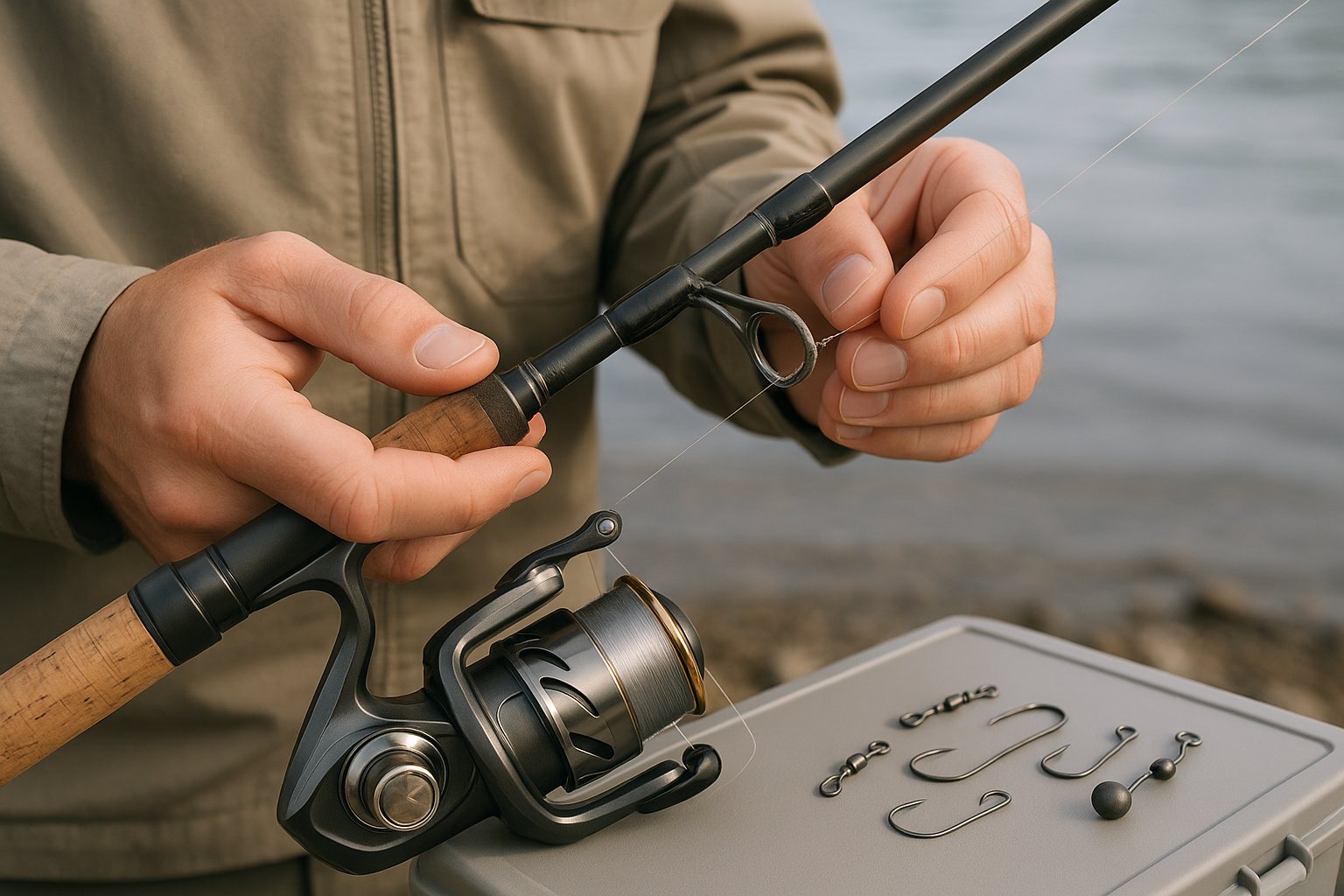 Angler inspecting rod guides and reel for fishing line break issues.