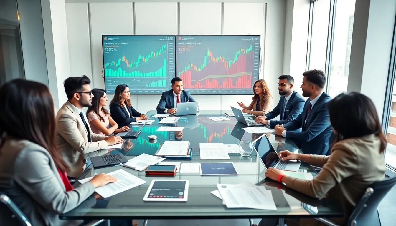 financial professionals discussing cryptocurrency in a modern office.