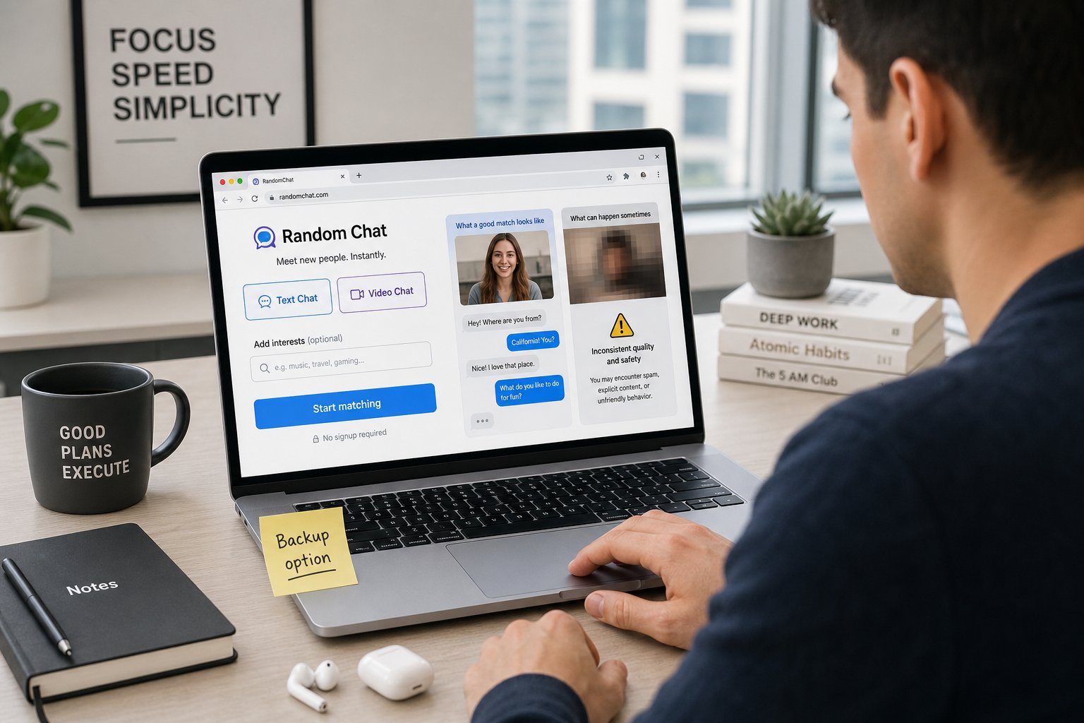 Professional using a laptop showing text and video random chat options.