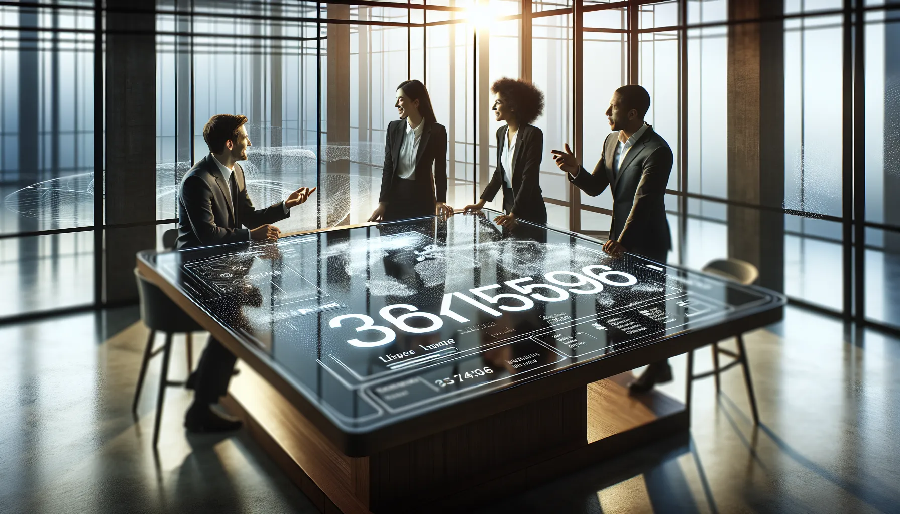 team discussing a digital interface in a modern office setting.