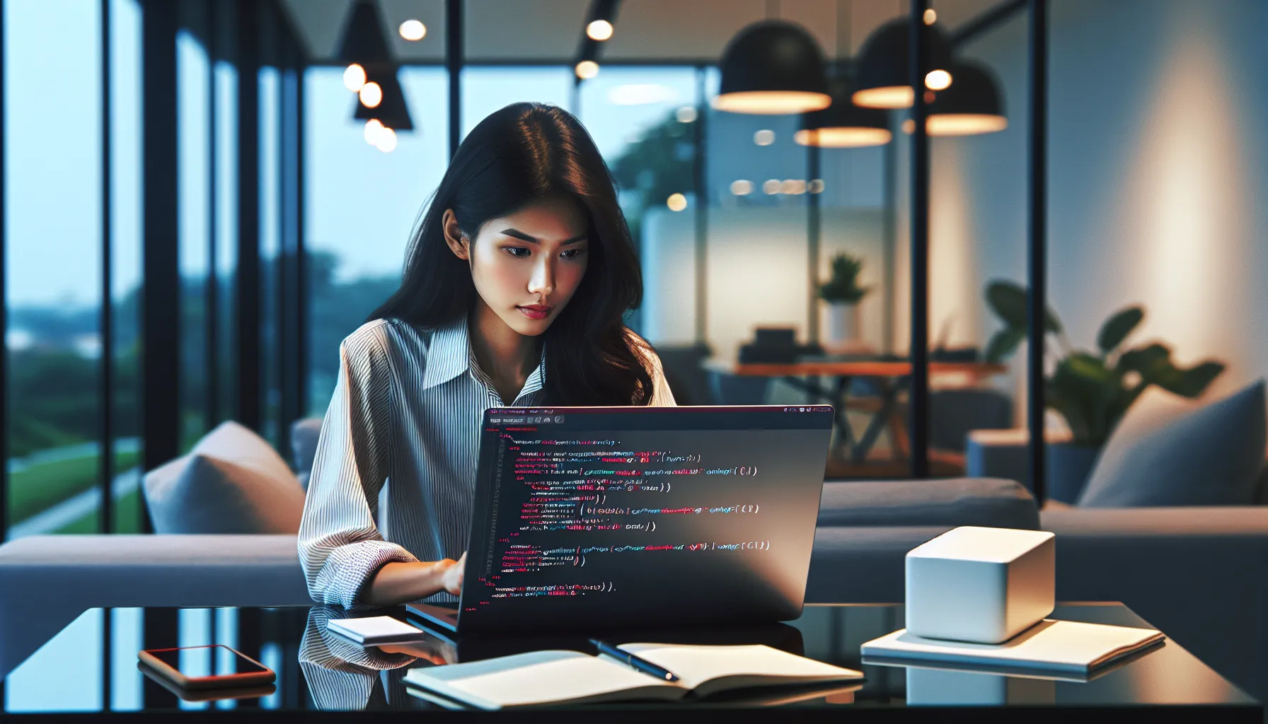 programmer reviewing Python code on a laptop in a modern office.