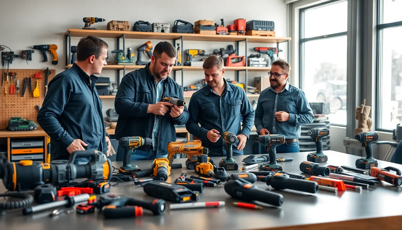 professionals collaborating in a modern workspace with tools.