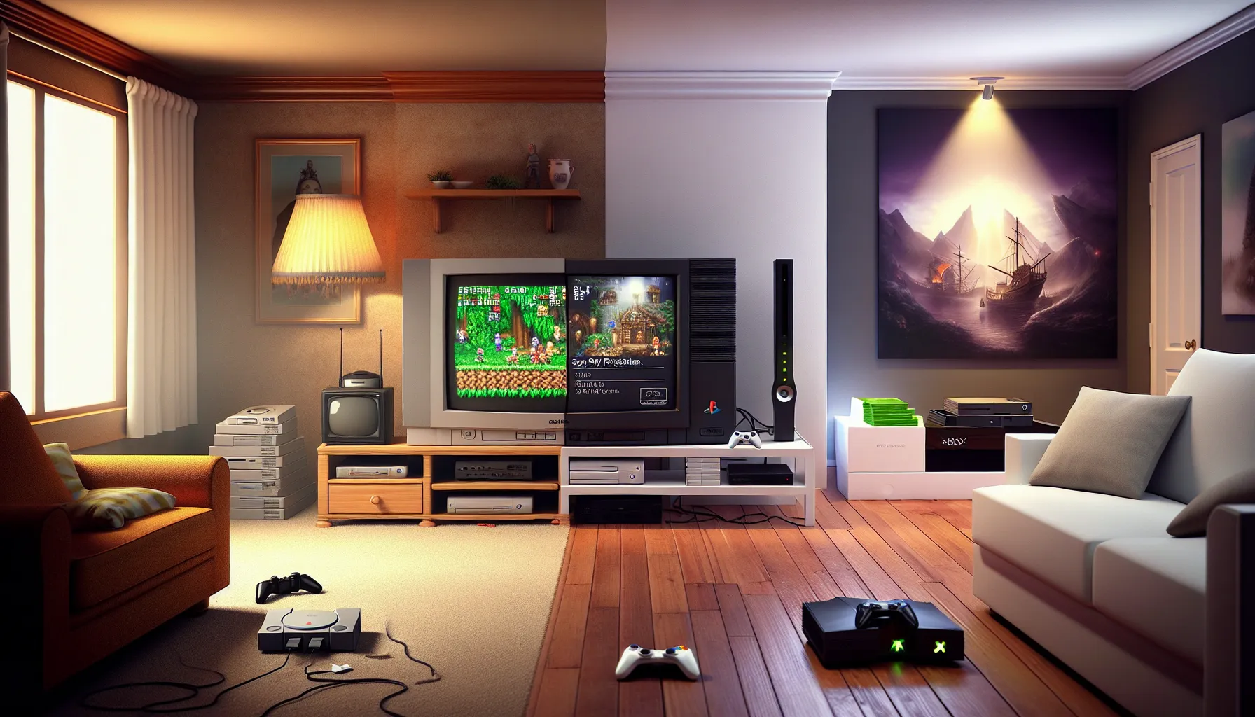 A visual comparison of the original PlayStation and Xbox console setups.