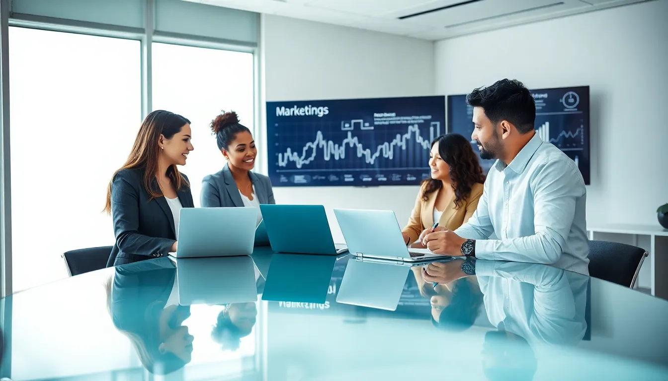 diverse team collaborating on digital marketing strategies in a modern office.
