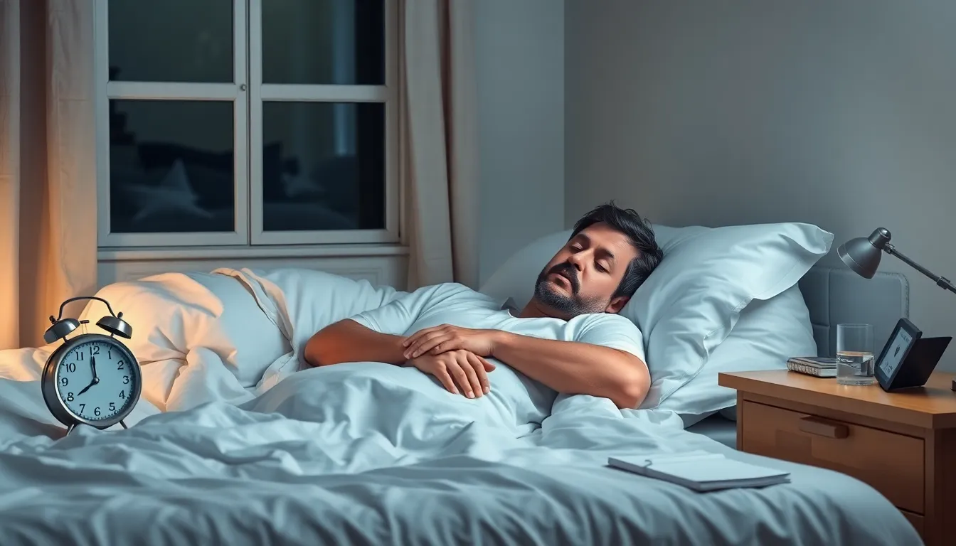 man awake in bed, struggling with sleep issues at night.