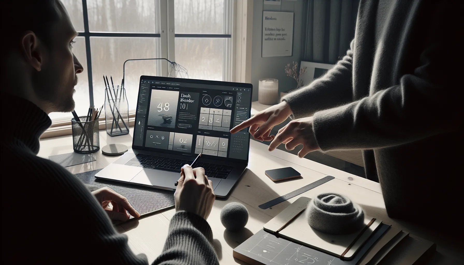 Designer presents logo mockups across digital, print, and signage in oslo studio.