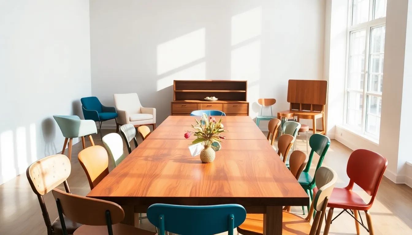 Eclectic event setup with mismatched chairs and a wooden table.
