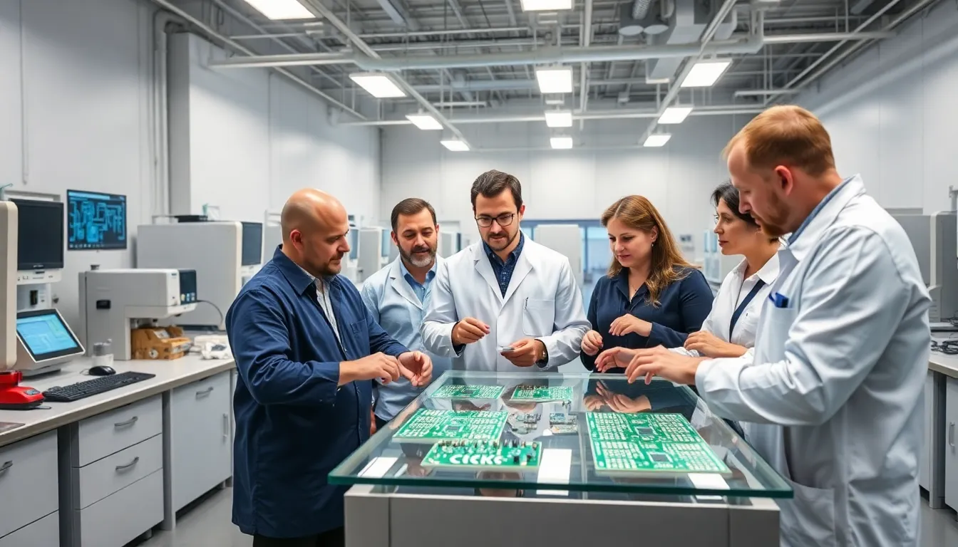 Engineers reviewing printed circuit boards in a modern U.S. electronics lab.