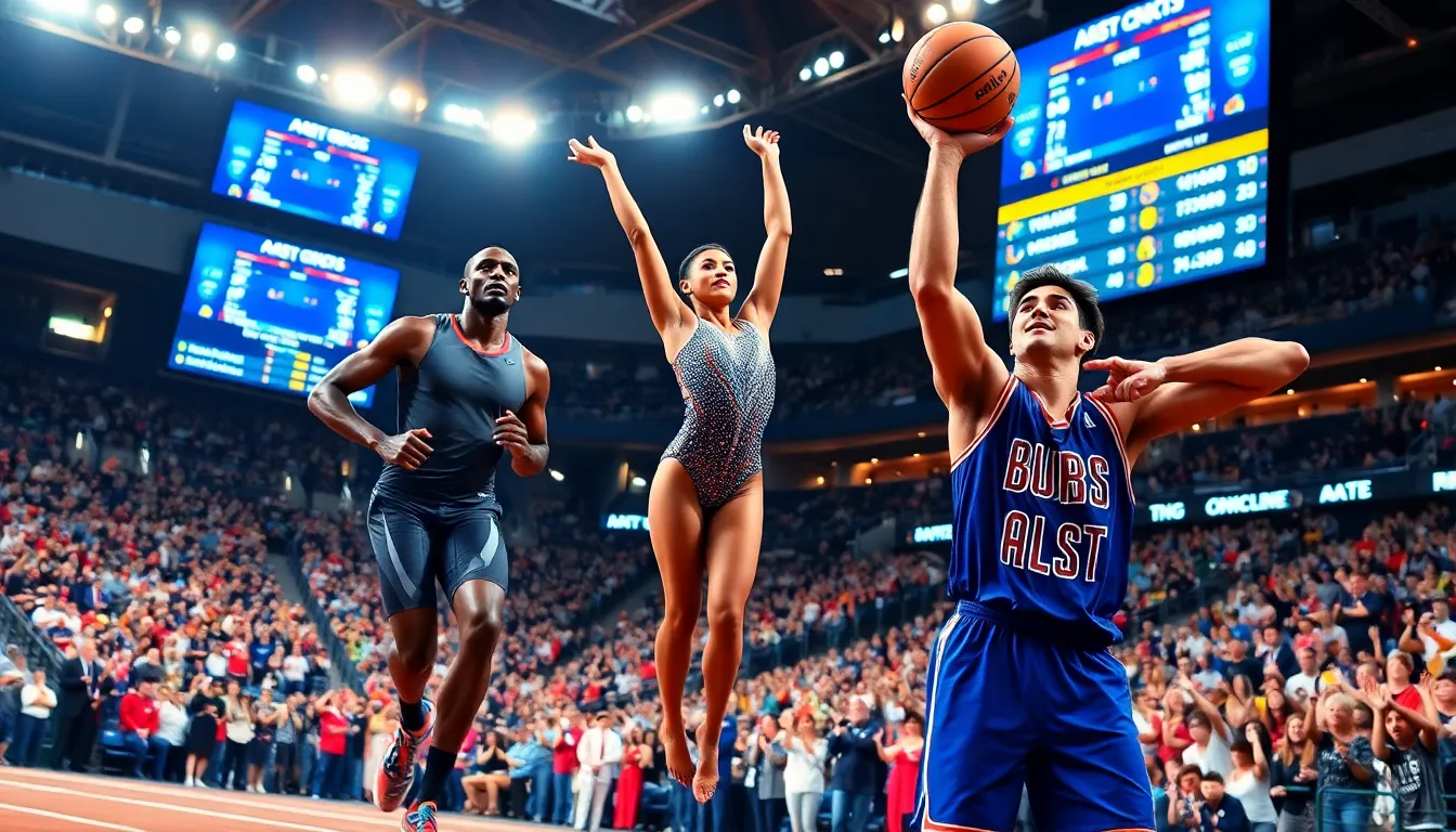 athletes competing with performance metrics displayed in a vibrant sports arena.