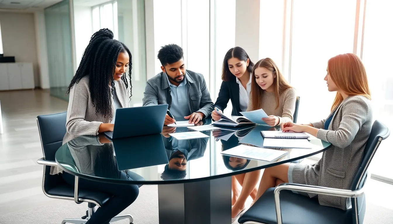 diverse students discussing college tuition in a modern office.