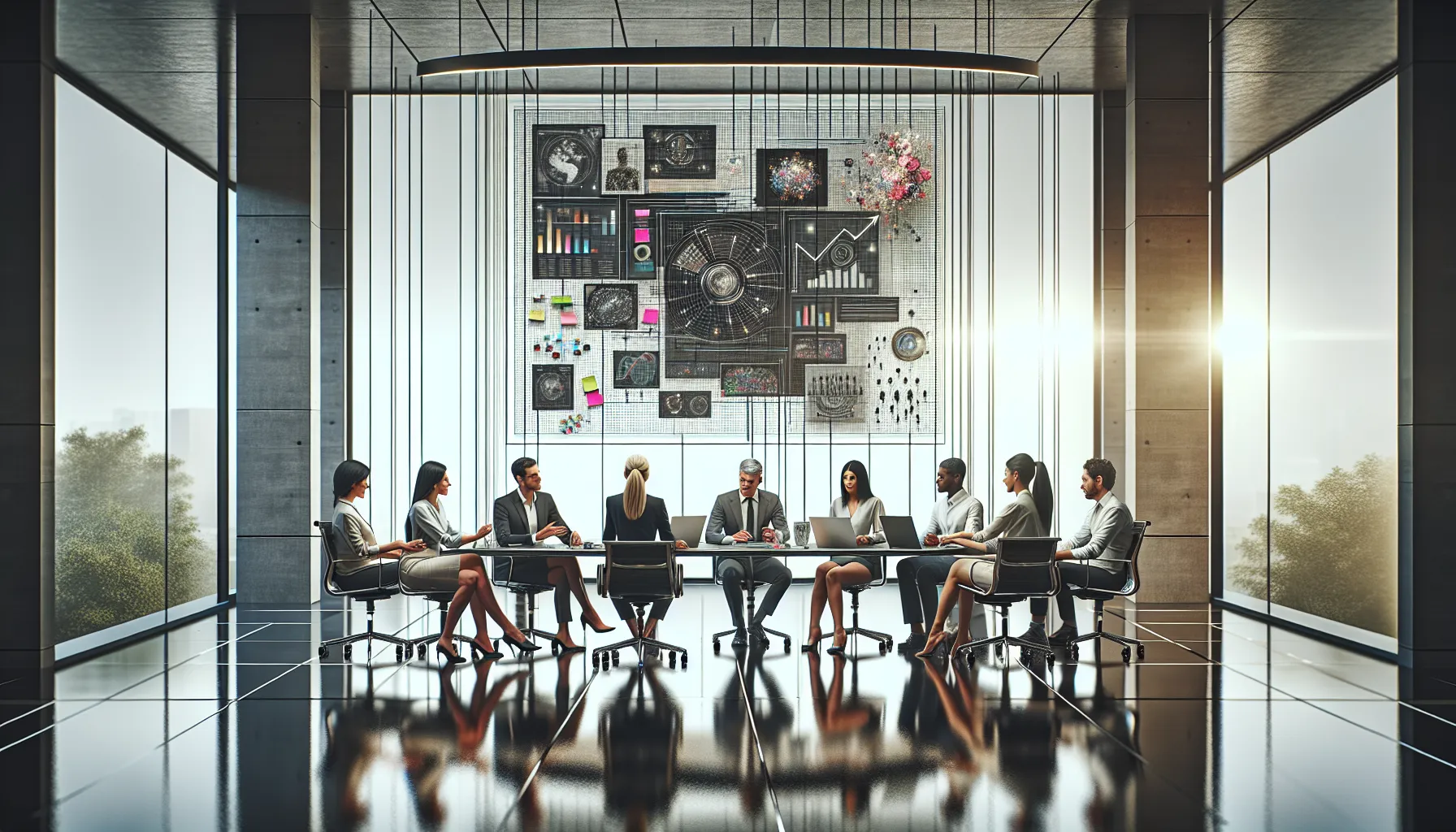 diverse professionals brainstorming around a modern conference table.