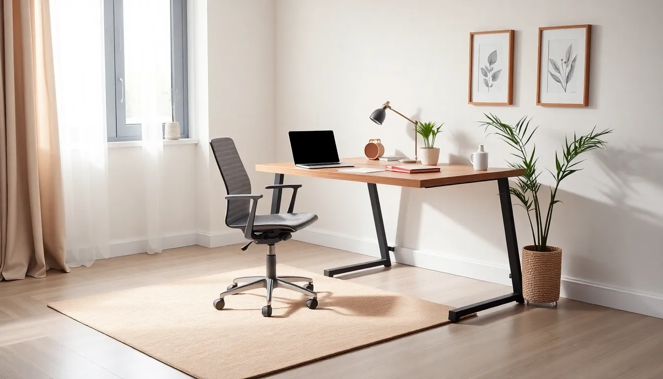 modern home office with desk by a window, natural light and decor.