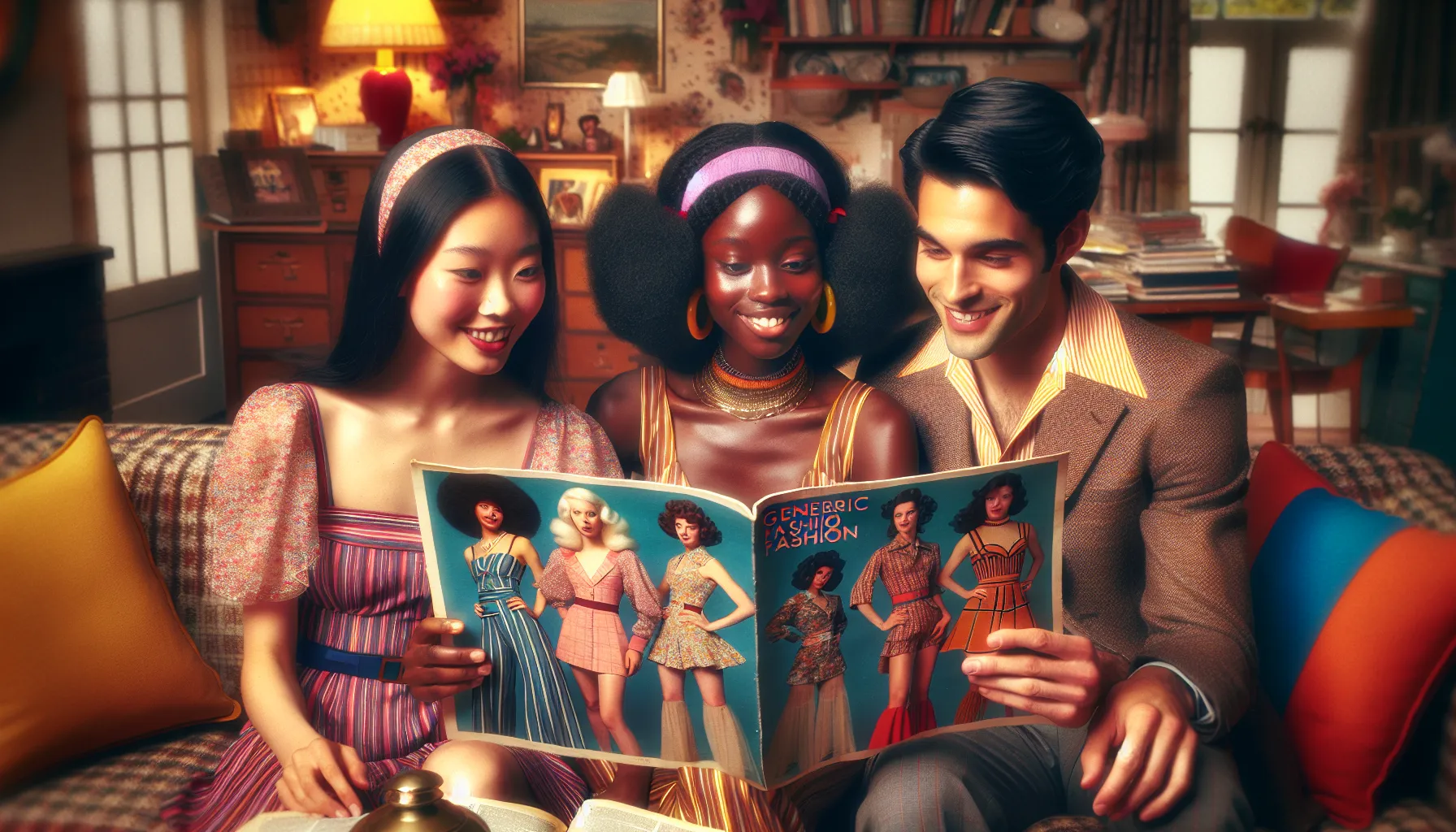 diverse group discussing Newport News fashion catalog.