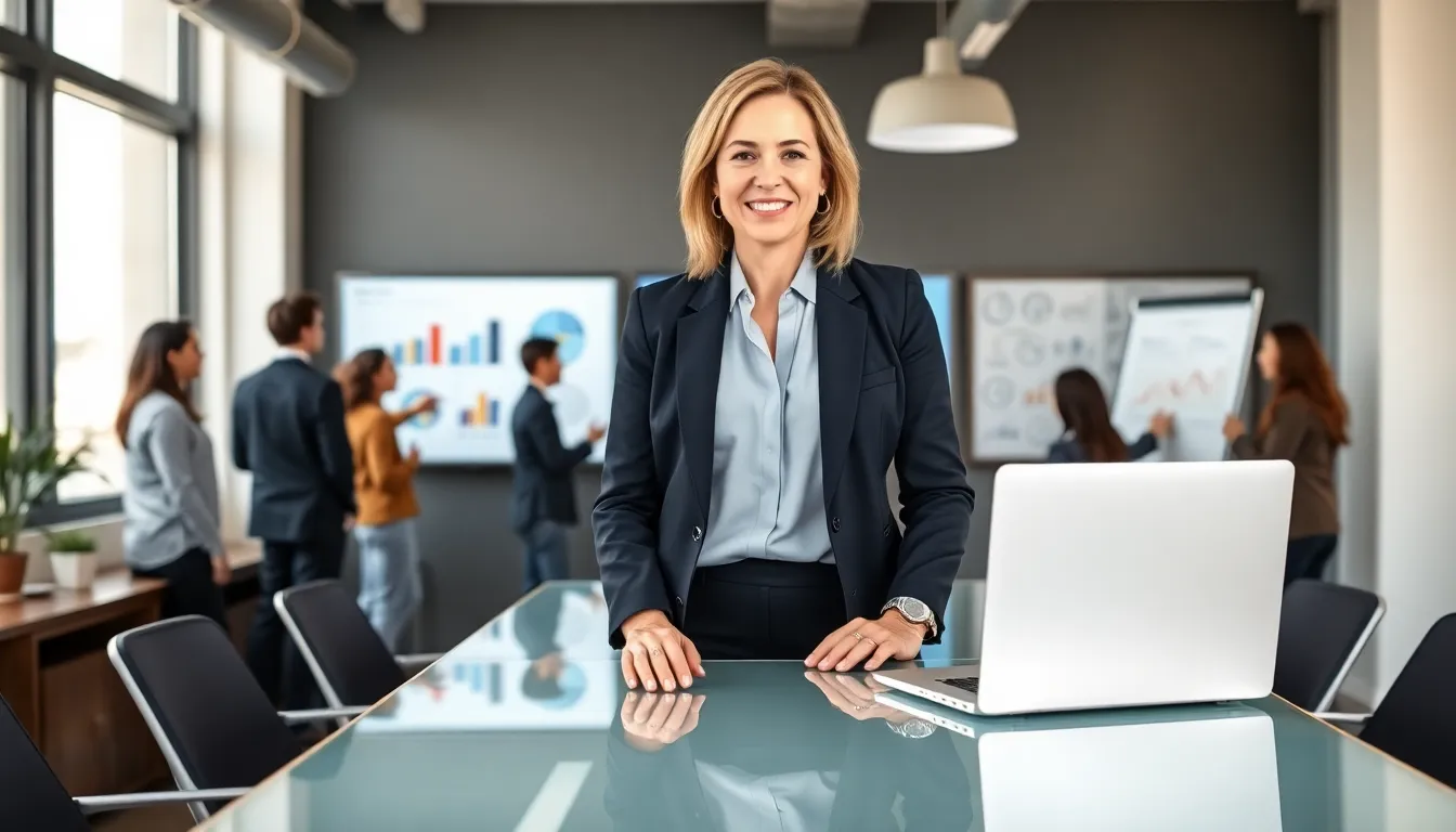 Ann Anderson in a modern office setting focused on digital marketing.