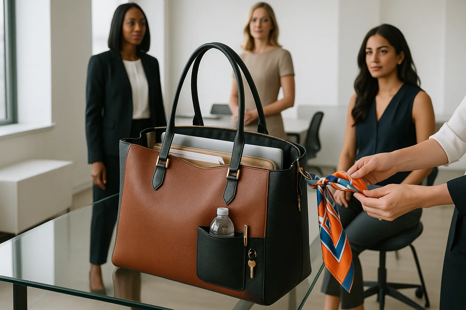 Classic leather tote bag on desk with professional women in modern office.