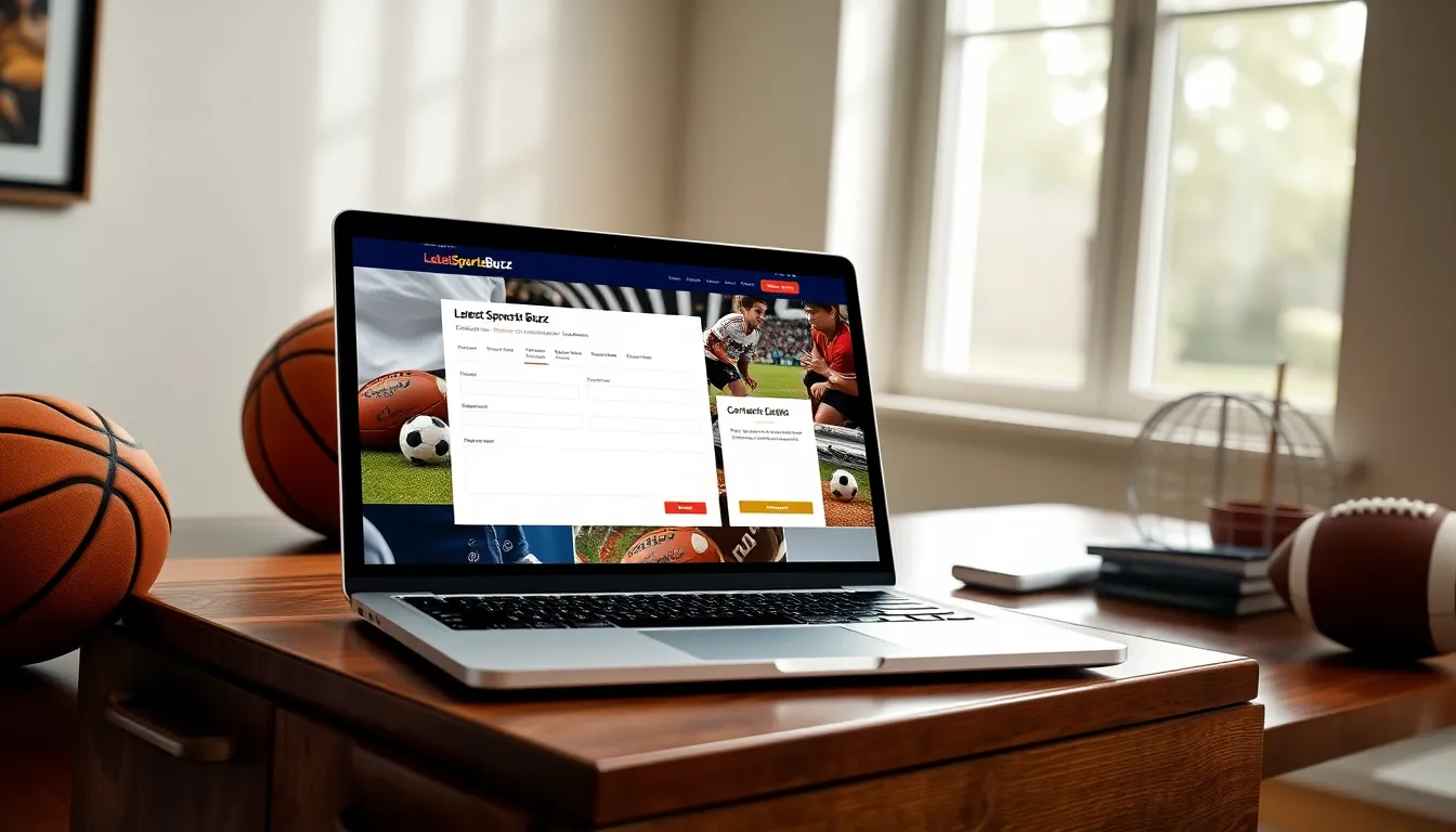 A laptop displaying a contact form for LatestSportsBuzz on a wooden desk.