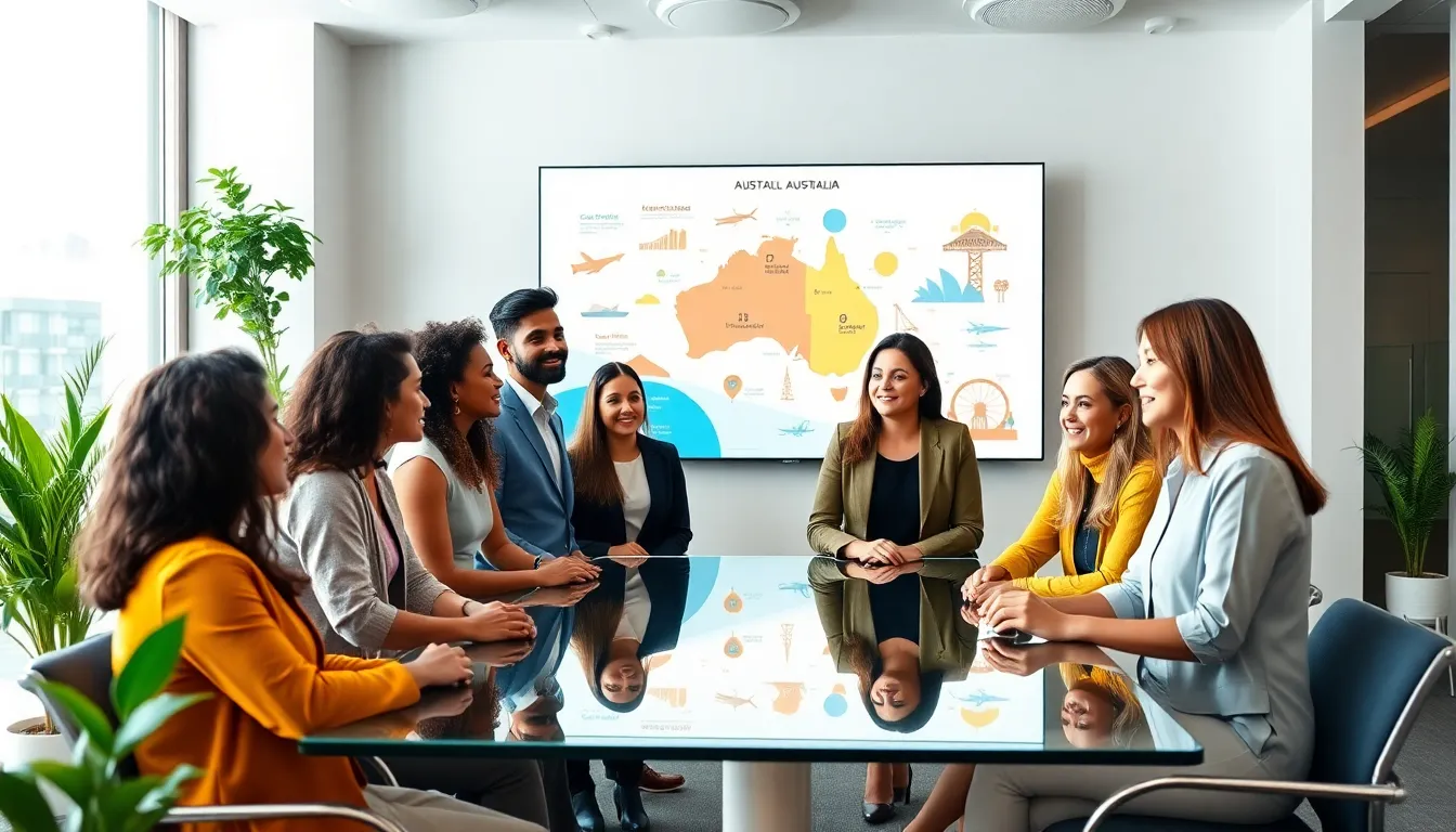 diverse team collaborating on Australia travel insights in a modern office.