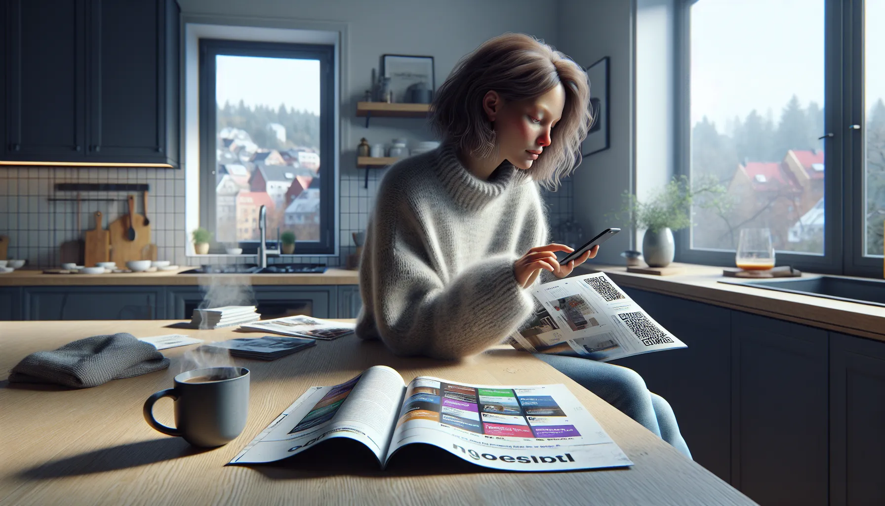 Hvorfor print fortsatt er effektiv markedsføring i 2025 2 Norwegian woman reading a printed brochure on a kitchen counter beside a phone.
