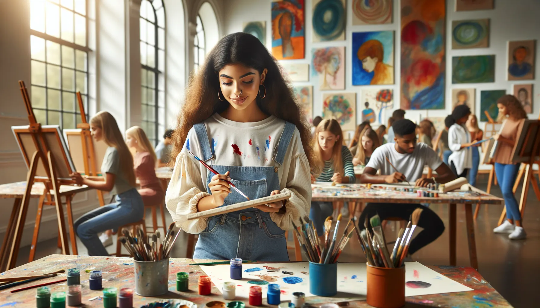 young artist painting in a colorful classroom environment.