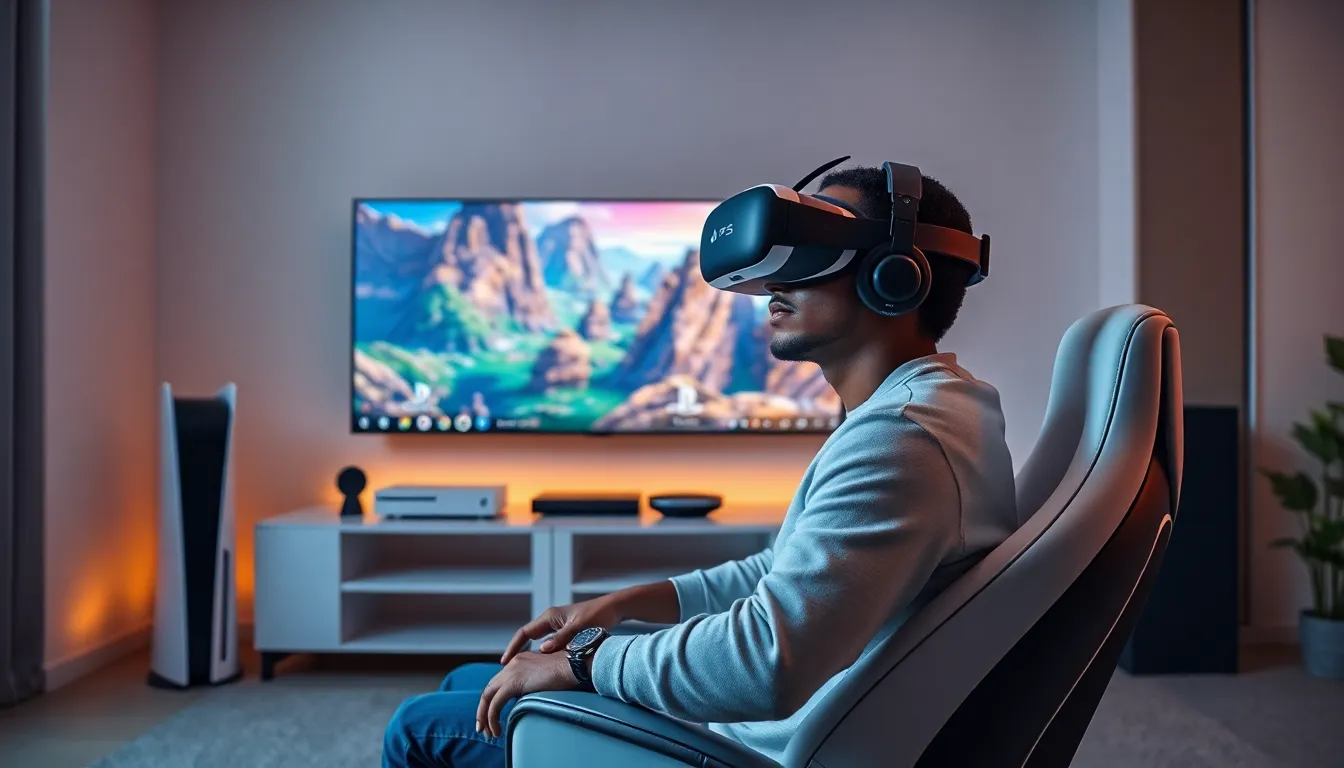 gamer using PlayStation 5 VR headset in a modern room.