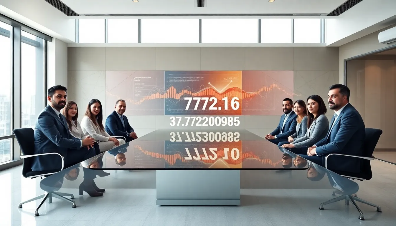 diverse professionals discussing the significance of number 3792209985 in a modern office.