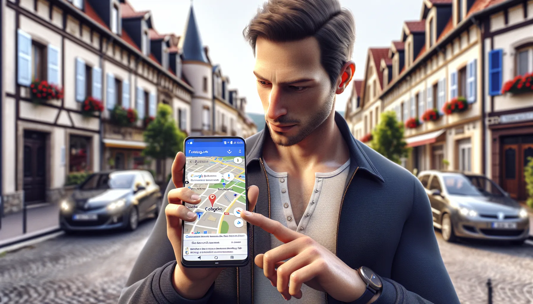 Man in Collégien using Google Maps on his phone to find local services.