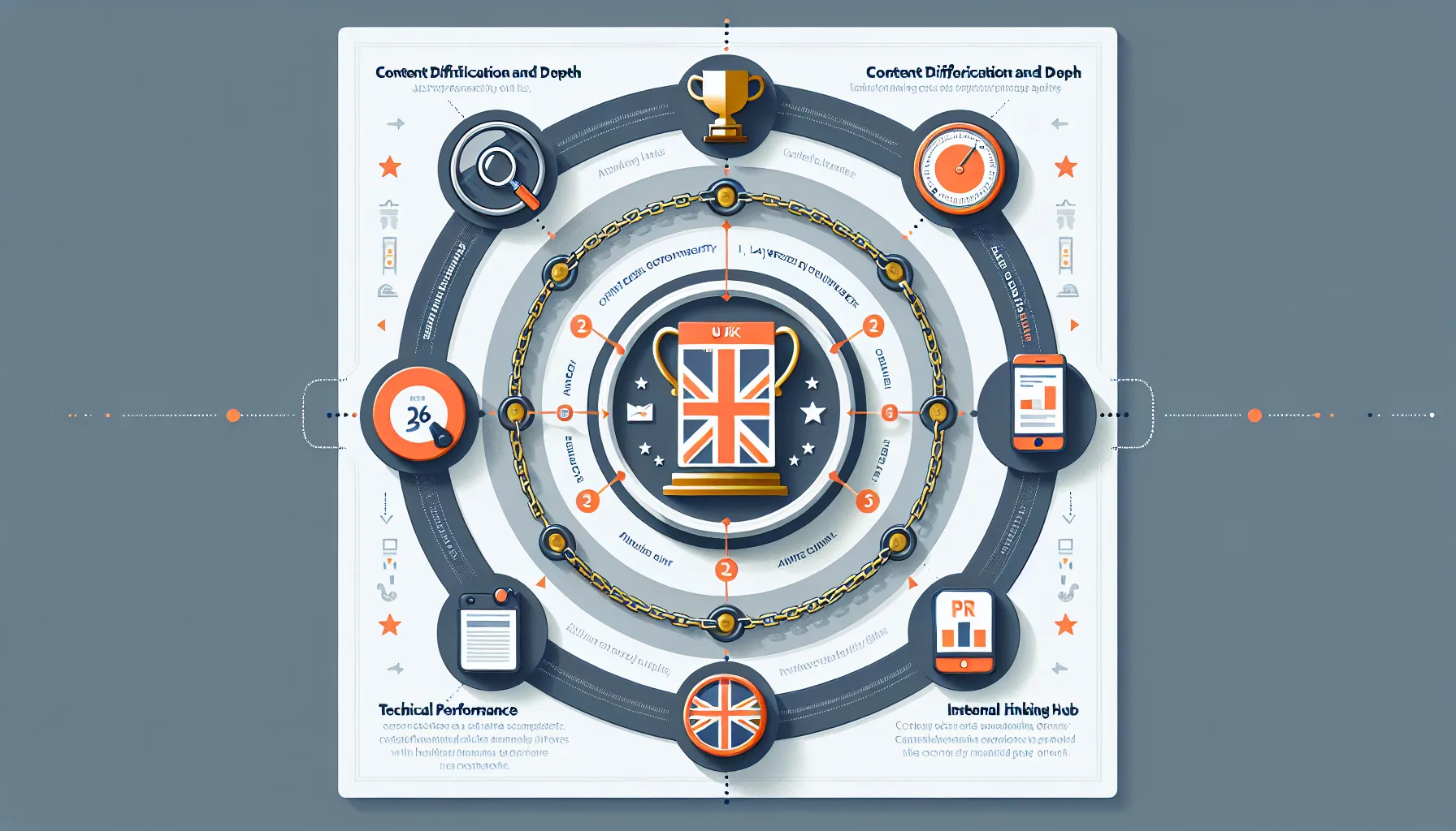 Four-pillar strategy to win UK competitive keywords in search results.