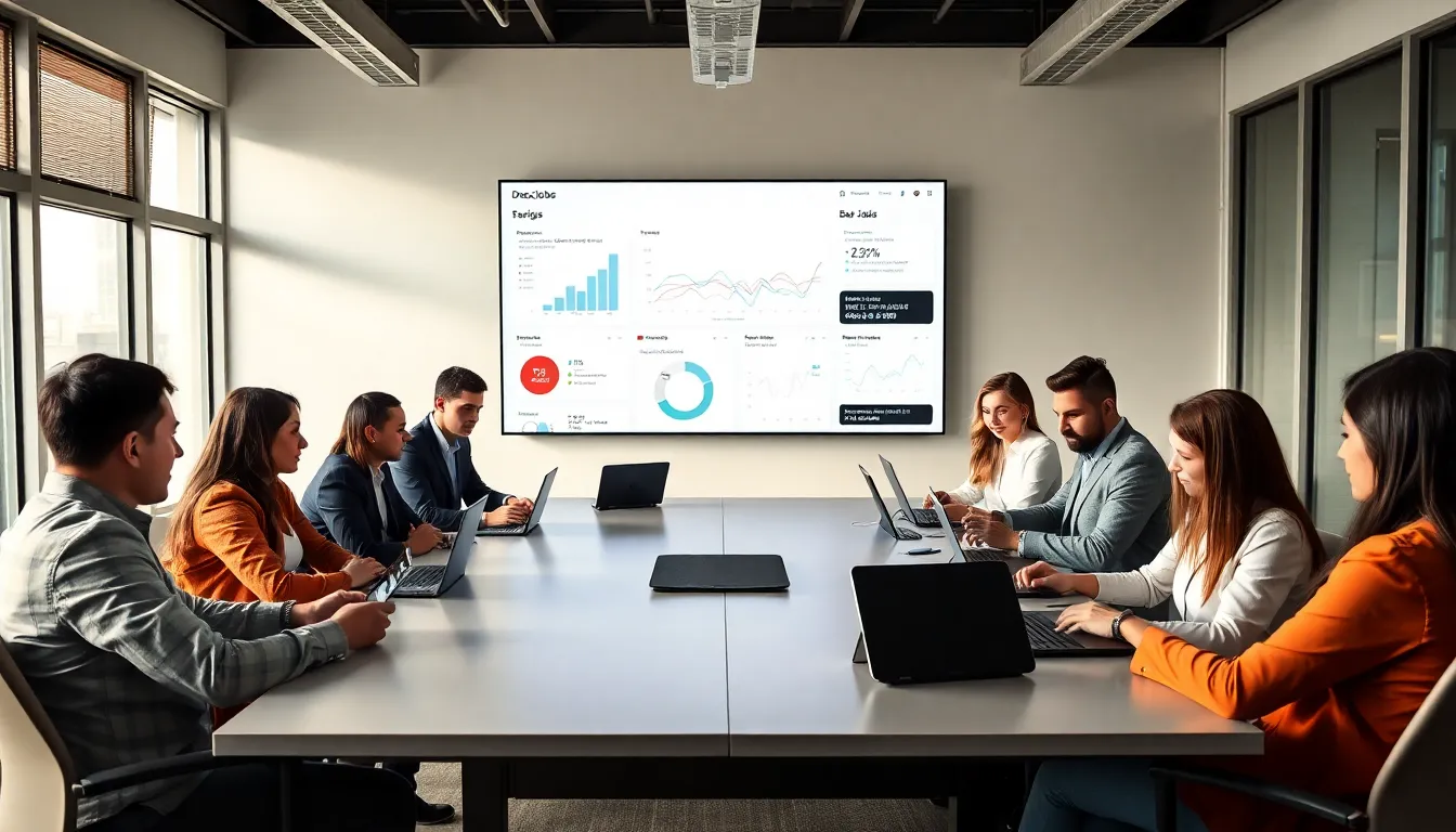 diverse team discussing job opportunities in a modern workspace.