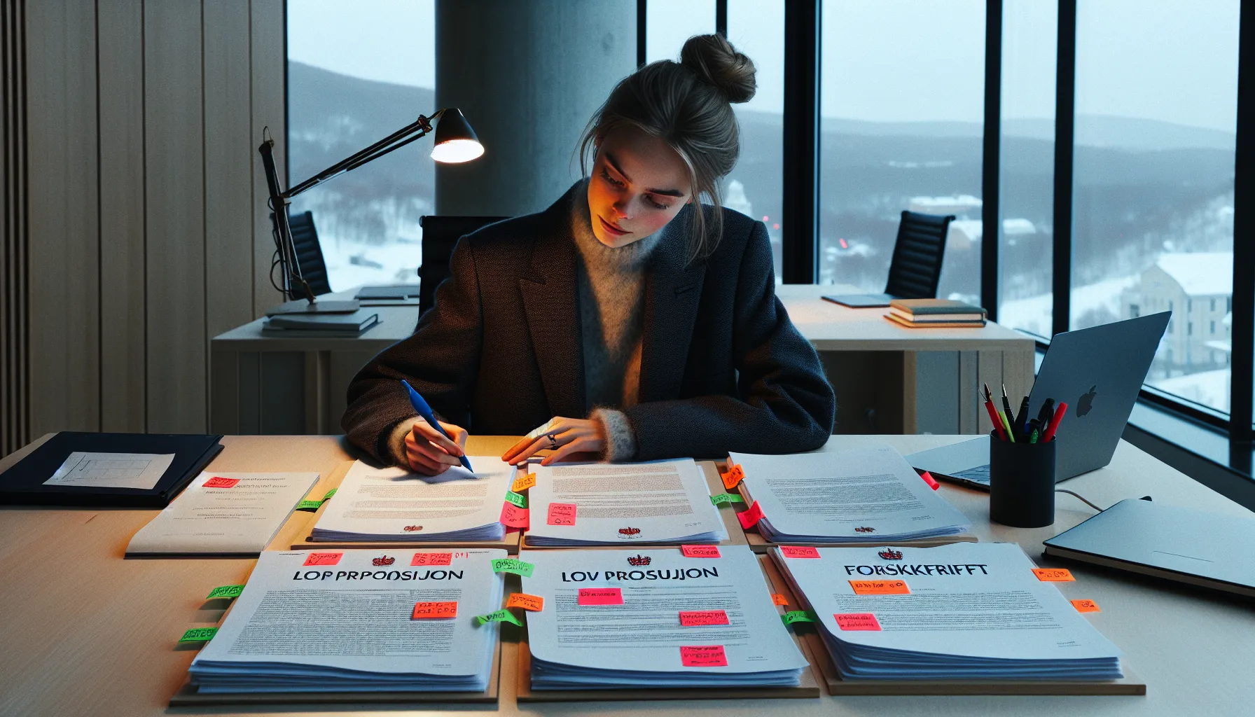 Civil servant comparing Norwegian law proposal and regulation draft during hearing.