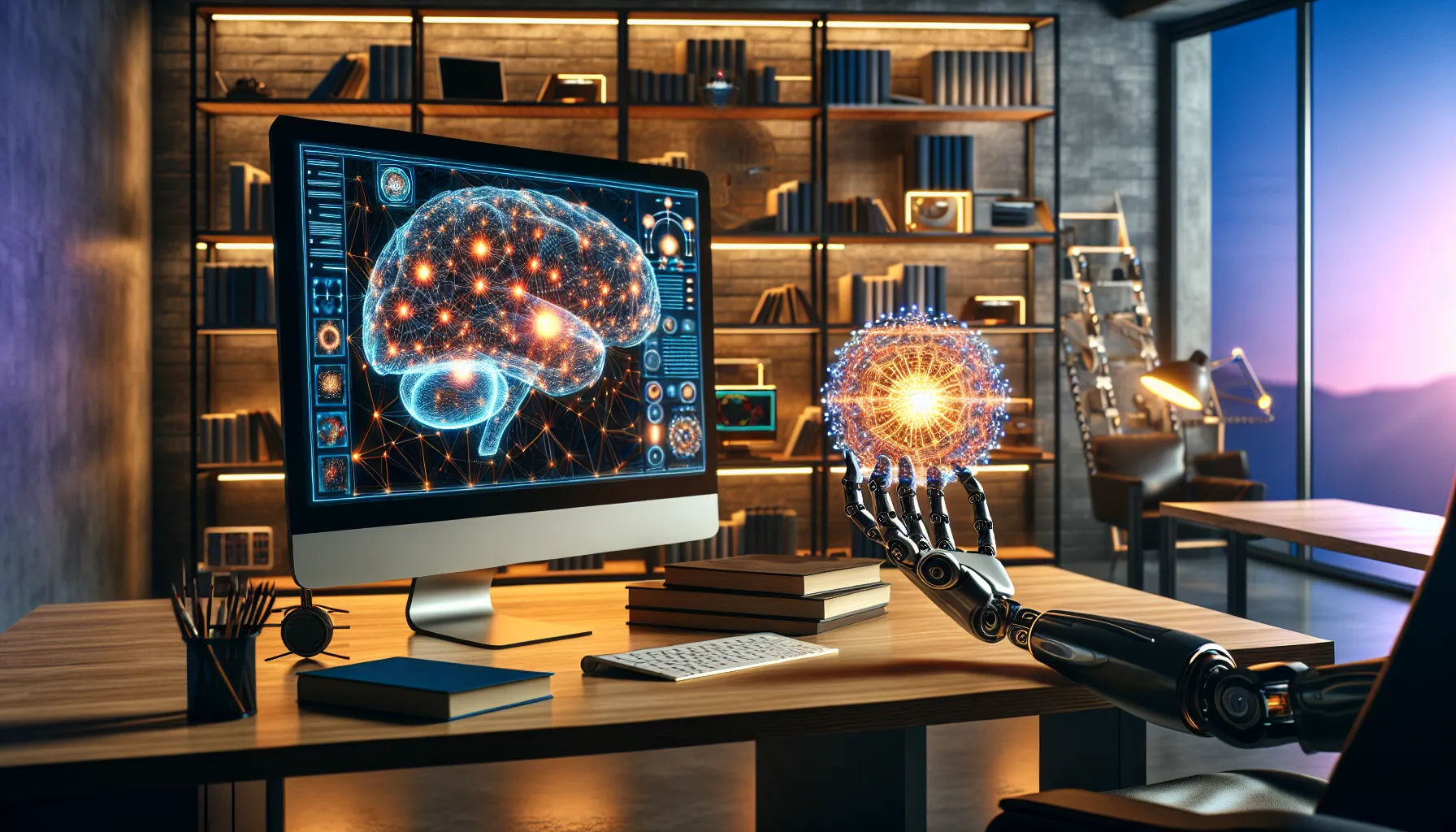 a workspace with AI visuals and a robotic hand holding a holographic globe